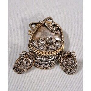 Vintage MJ Brooch/Pendant Basket of Easter Eggs & Matching Earrings Silver Tone
